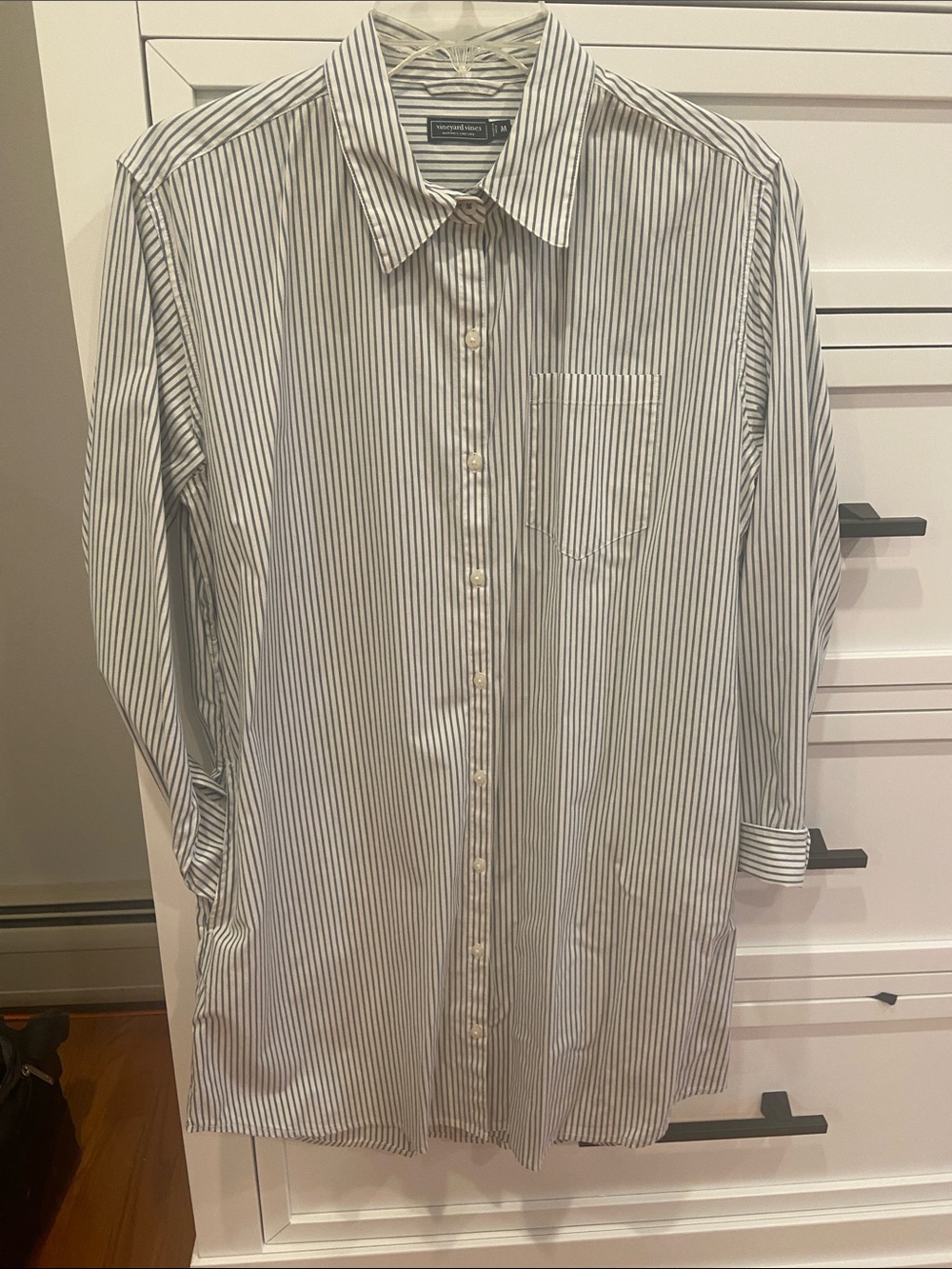 Women's White & Blue Stripe Button-Down Shirt Dress POCKETS